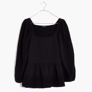 Madewell Black Lightspun Millbrook Puff-Sleeve Peplum Top Size XS